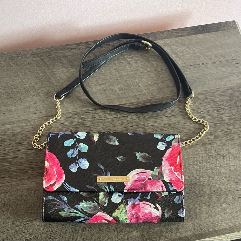 Betsey Johnson Black and Pink Floral Crossbody Bag
